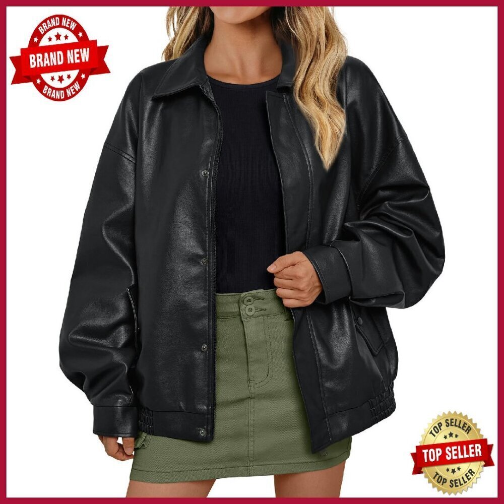 Oversized Faux Leather Motorcycle Jacket Zip Up Blazer Fall Winter